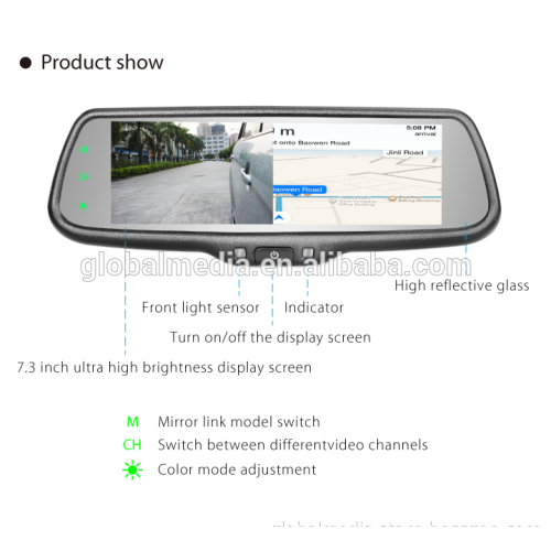 full wide screen rear view mirror monitor with 7.3 inch LCD display monitor and Wireless wireless